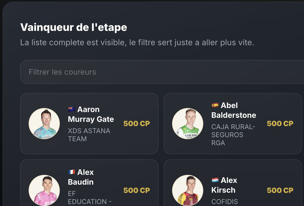 Sélection d’un vainqueur d’étape dans Climax Prono Cyclisme